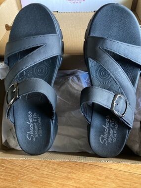 Skechers Black Vegan Slide-On Buckle Sandals 10M NWT